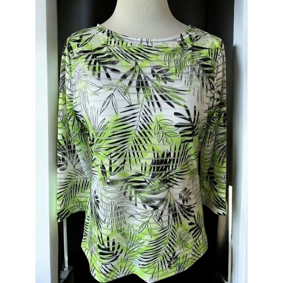 Hearts Of Palm Womens Green Black Print Quarter Sleeve Sheer Tunic Top Small - Picture 2 of 8